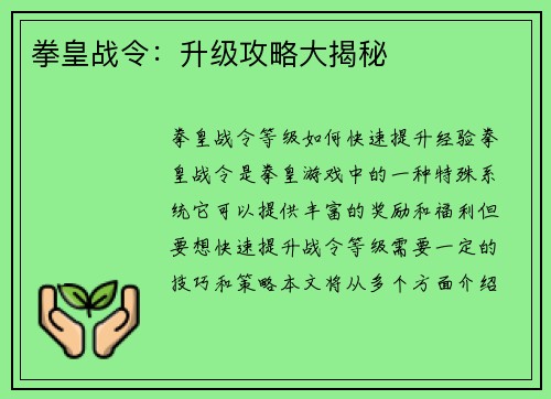 拳皇战令：升级攻略大揭秘