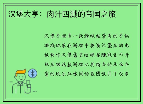 汉堡大亨：肉汁四溅的帝国之旅